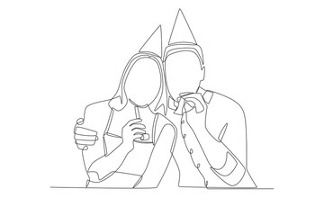 Couples celebrating their anniversary. Birthday celebrations concept one-line drawing
