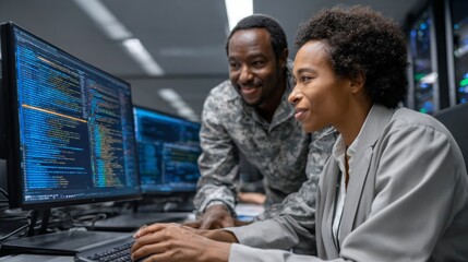 Two tech engineers collaborate on artificial intelligence software development in a modern office environment