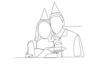 Couples celebrating their anniversary. Birthday celebrations concept one-line drawing