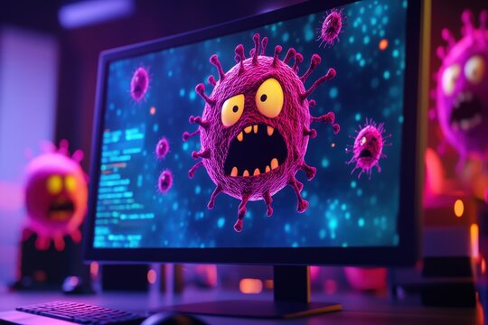 Vibrant Cartoon Virus Illustration on Computer Screen with Frightening Expression, Representing Cybersecurity Threats and Digital Viruses in a Tech Environment