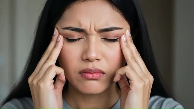A woman with her eyes closed holds her temples
