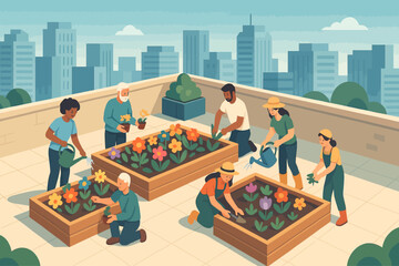 Naklejka premium Illustration of a diverse group of people gardening on a rooftop in an urban city, planting and watering vibrant flowers and vegetables in raised garden beds