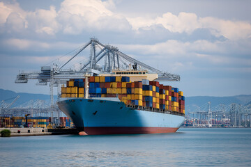 Fototapeta premium Container ship docked at port with vibrant cargo boxes