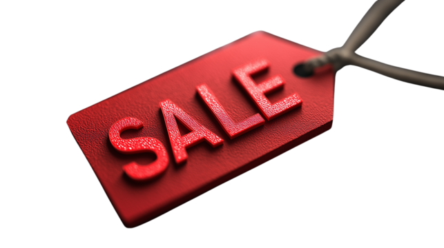 3D crvena "SALE" etiketa - lebdeća etiketa sa velikim belim slovima, blagi senčani efekat