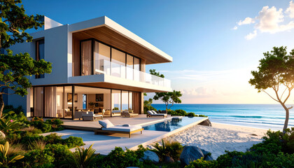 Obraz premium Modern Beachfront Villa Sunset.