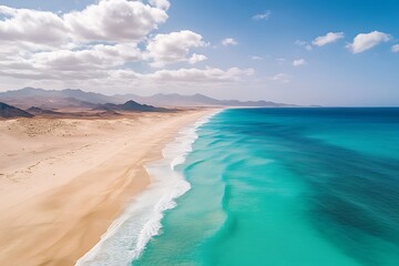 Drone perspective of the pristine beaches along Fuerteventura's southern coast, featuring turquoise waters and stretches of white sand