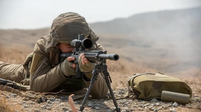 Armed soldier in camouflage gear lying prone aiming sniper rifle with scope on bipod during tactical training in dry open terrain

