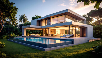 Fototapeta premium Modern villa with sunset, pool, and tropics.