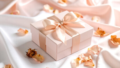 Elegant Gift Box with Peach Ribbon on Silky Fabric, Rose Petals Scattered Around