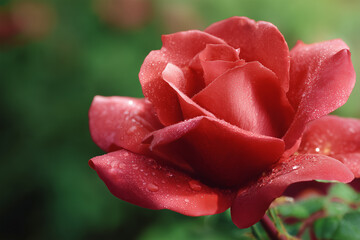 Fresh red rose with droplets in a garden setting during spring morning