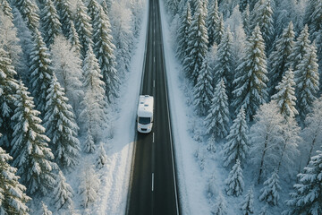 White camper van driving on straight asphalt road through snowy winter forest. Aerial view photography. Winter travel and road trip concept