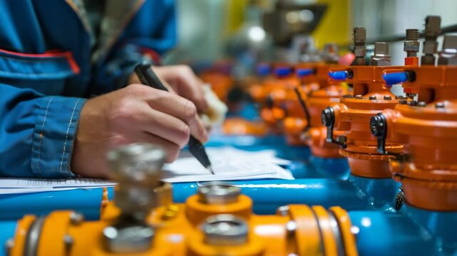 Close-up of a person's hand writing on a clipboard in an industrial or manufacturing environment with machinery in the background