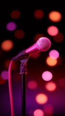 Obraz premium Pink microphone on a stand with blurred colorful bokeh lights in the background. Entertainment equipment for music concert or karaoke night.