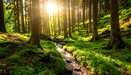 Obraz premium Sunlit Forest Stream with Lush Greens.