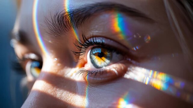 Closeup of human eyes with vivid iris colors and sharp eyelashes illuminated by natural light and rainbow prism reflections across skin

