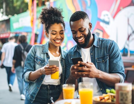 casual urban moment with two people in denim jackets using smartphones near street food and graffiti, perfect for lifestyle branding, tech visuals, and street culture campaigns
