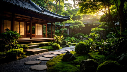 Fototapeta premium Serene Japanese Garden Sunrise.