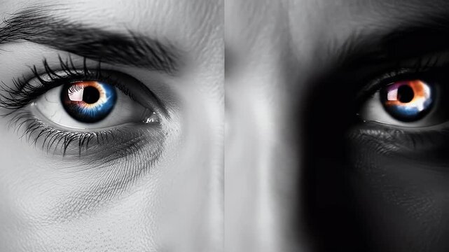 A split image showcasing two eyes, one in color and the other in monochrome, creating a contrast.