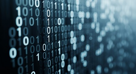 Digital Binary Code Matrix on Dark Blue Background with Abstract Technology Style