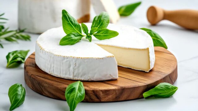 Creamy brie cheese with fresh basil leaves on a wooden board