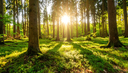 Obraz premium Sunset in lush green forest.