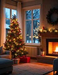 Festive Christmas Home Interior Featuring a Beautifully Decorated Tree, Glowing Fireplace, and Holiday Presents — Warm and Inviting Atmosphere