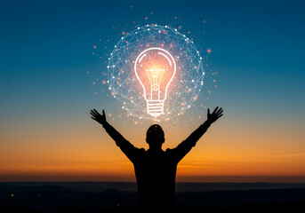 Person celebrating a new idea with a glowing lightbulb and network icon. A concept for discovery, creative thinking, problem-solving, and a successful eureka moment.