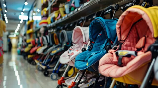 Colorful baby strollers lined up in a store aisle creating an inviting shopping environment