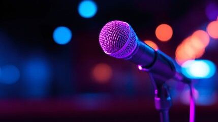 Close up of a microphone on a stand, illuminated with neon purple and blue light, on a dark stage. For live music, concert, karaoke, open mic night.