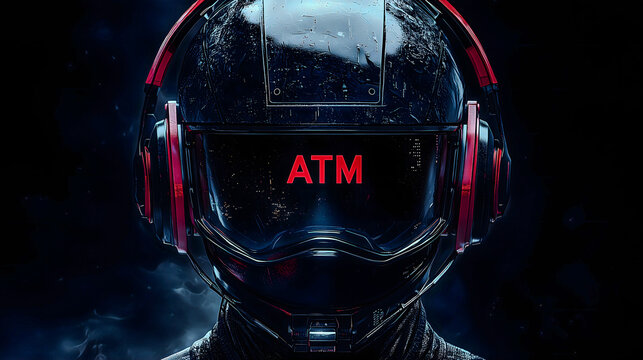 Dramatic atm robot visor framed by a black control room