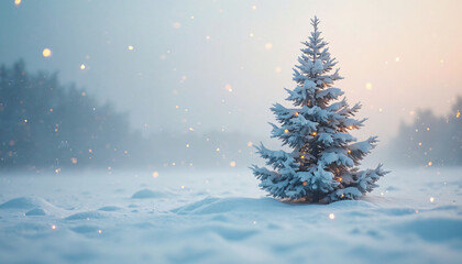 Obraz premium Snowy Fir Tree in Winter Landscape with Bokeh