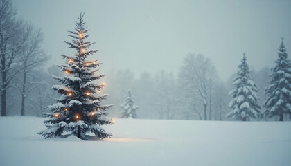 Snowy Landscape with Decorated Christmas Tree