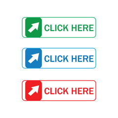 Set of Colorful Click Here Buttons with Arrow Icon – Green, Blue, Red Web UI Elements for Website and App