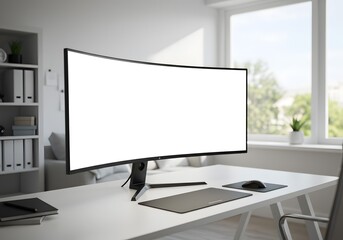 Fototapeta premium Computer monitor with a curved blank white screen sits on a modern white office desk in a bright room with window light and copy space.