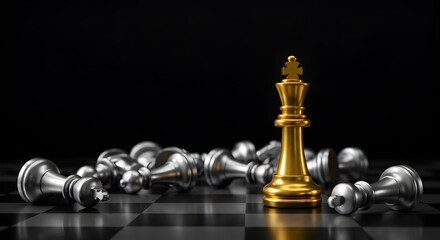 Victorious gold chess king as the last one standing on a chessboard. Metaphor for successful business management, winning a competitive battle, and market leadership.