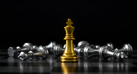 Victorious gold chess king as the last one standing on a chessboard. Metaphor for successful business management, winning a competitive battle, and market leadership.