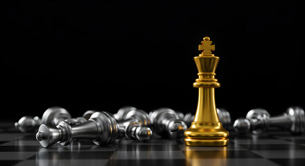Gold king chess piece standing among fallen silver pieces on a chessboard. Concept of leadership, victory, and strategy, symbolizing a successful leader winning against the competition.