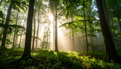 Sunbeams in Misty Green Forest.