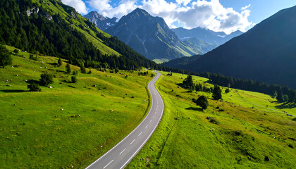Winding road with alpine valley, and summer.