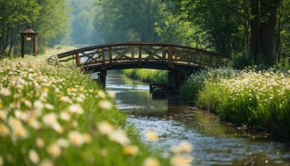 Fototapeta premium Wooden Bridge over Stream with White Flowers
