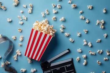 Popcorn in red-and-white striped container, film clapperboard, scattered popcorn on blue background.