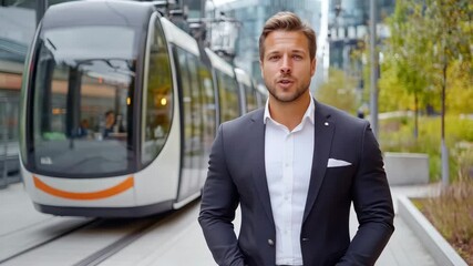 A confident businessman stands outdoors near a modern tram in an urban environment - Powered by Adobe