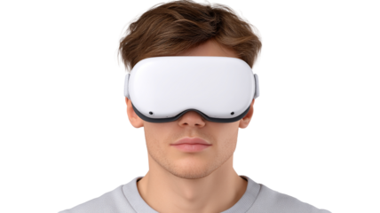 Close up portrait of a young man wearing a white virtual reality headset isolated transparent background