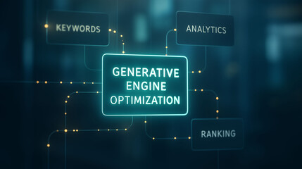 Generative engine optimization with glowing digital connections linking keywords, analytics and ranking on dark background, concept of search marketing, online visibility and data driven content