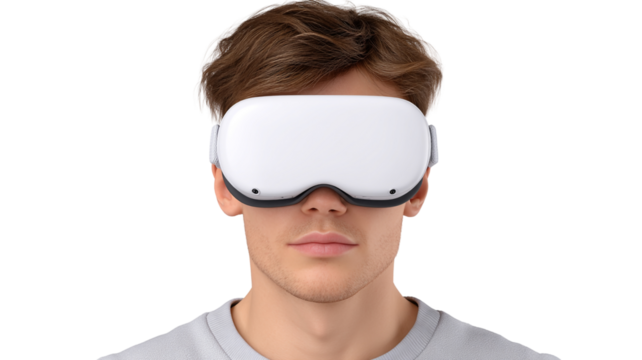 Close up portrait of a young man wearing a white virtual reality headset isolated transparent background