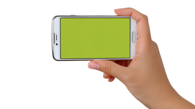 Hand holding a white smartphone with a bright green screen horizontal view transparent background