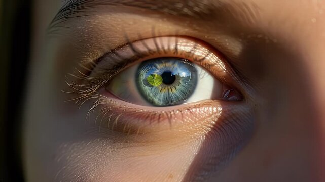 Close-up of a human eye with blue iris reflecting green and yellow colors, surrounded by skin and eyelashes.