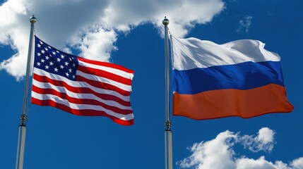Fototapeta premium US and Russian Flags, International Diplomacy Scene, Flags Waving in Blue Sky, Sovereignty Symbol, Bilateral Relations Display