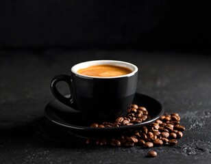 Fototapeta premium A black coffee cup filled with espresso sits on a saucer, surrounded by roasted coffee beans.