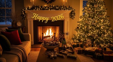 Cozy Living Room Christmas Celebration with a Fireplace and Decorated Tree Wishing a Happy New Year 2026